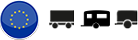 Symbol der Europäischen Union neben Symbolen eines Kastenanhängers, eines Wohnwagens und eines kleinen Nutzanhängers.