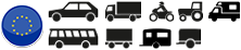 Das Symbol der Flagge der Europäischen Union befindet sich neben Symbolen für verschiedene Fahrzeuge, darunter Auto, LKW, Motorrad, Traktor, Lieferwagen und Bus.