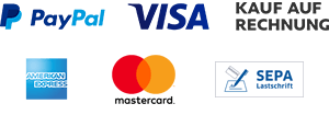 Logos for payment methods: PayPal, Visa, American Express, Mastercard, Kauf auf Rechnung, and SEPA direct debit.