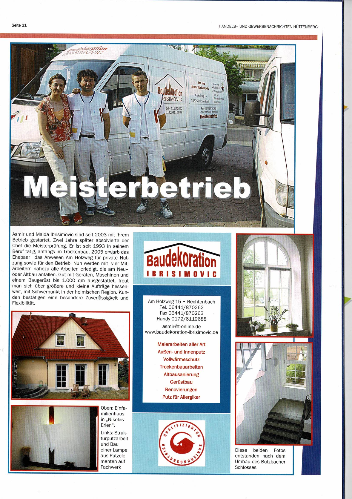 Eine Anzeige für ein Maler- und Dekorationsunternehmen mit Fotos des Teams, Details zu den Dienstleistungen und Projektbeispielen.