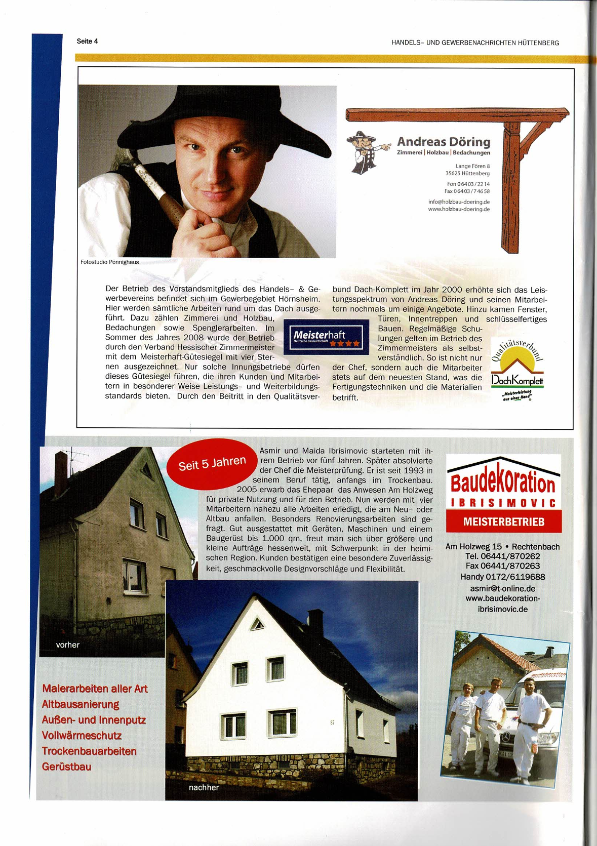 Eine Collage zweier Unternehmen mit Porträts, Firmenlogos und Vorher-Nachher-Fotos von Gebäudesanierungen.