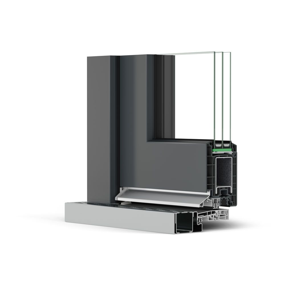 Eine Nahaufnahme einer Glasschiebetür auf weißem Hintergrund.