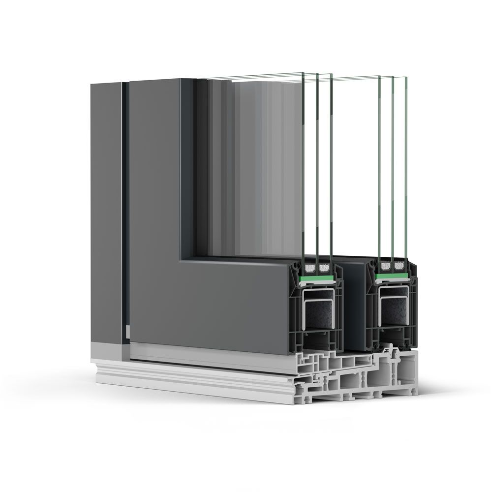 Eine Nahaufnahme einer Glasschiebetür auf weißem Hintergrund.