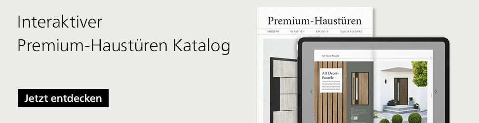 Ein interaktiver Premium-Hausturen-Katalog wird auf einem Tablet angezeigt