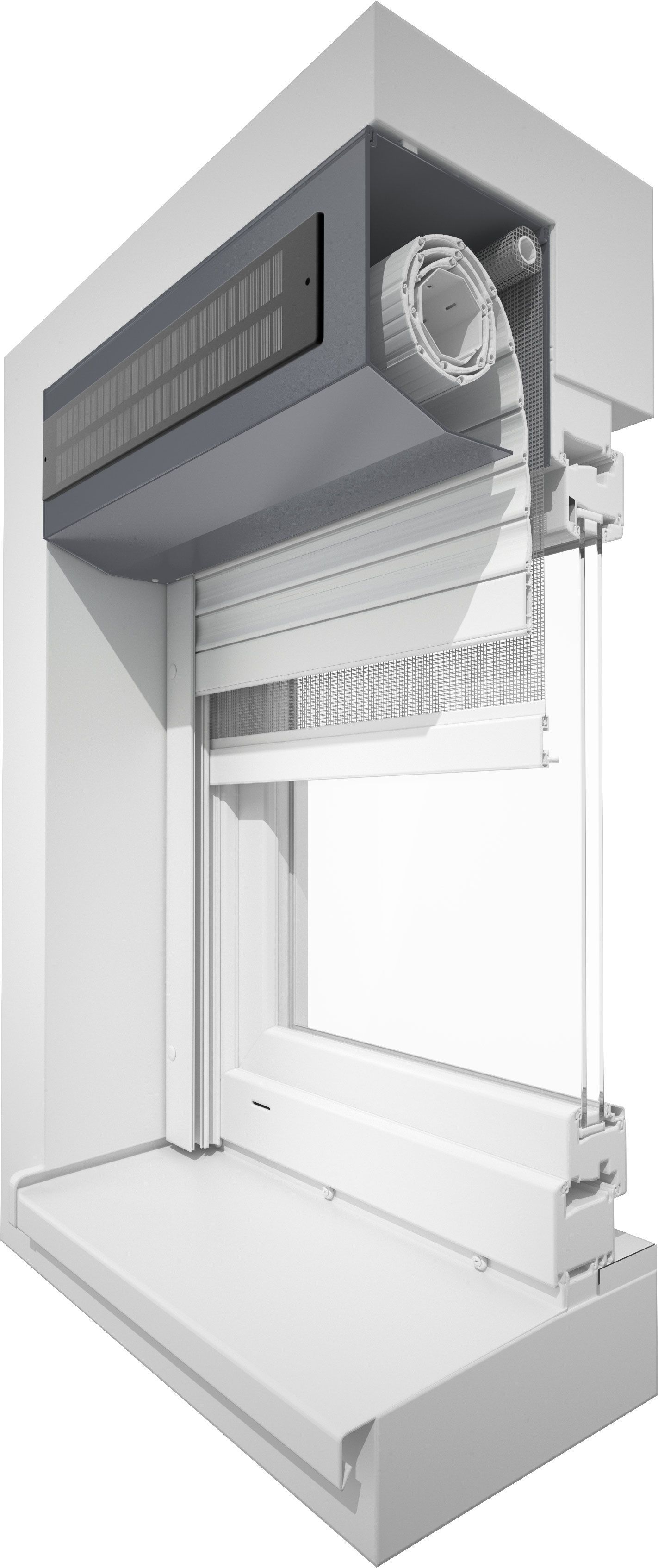 Eine Frau hängt eine Jalousie an ein Fenster.