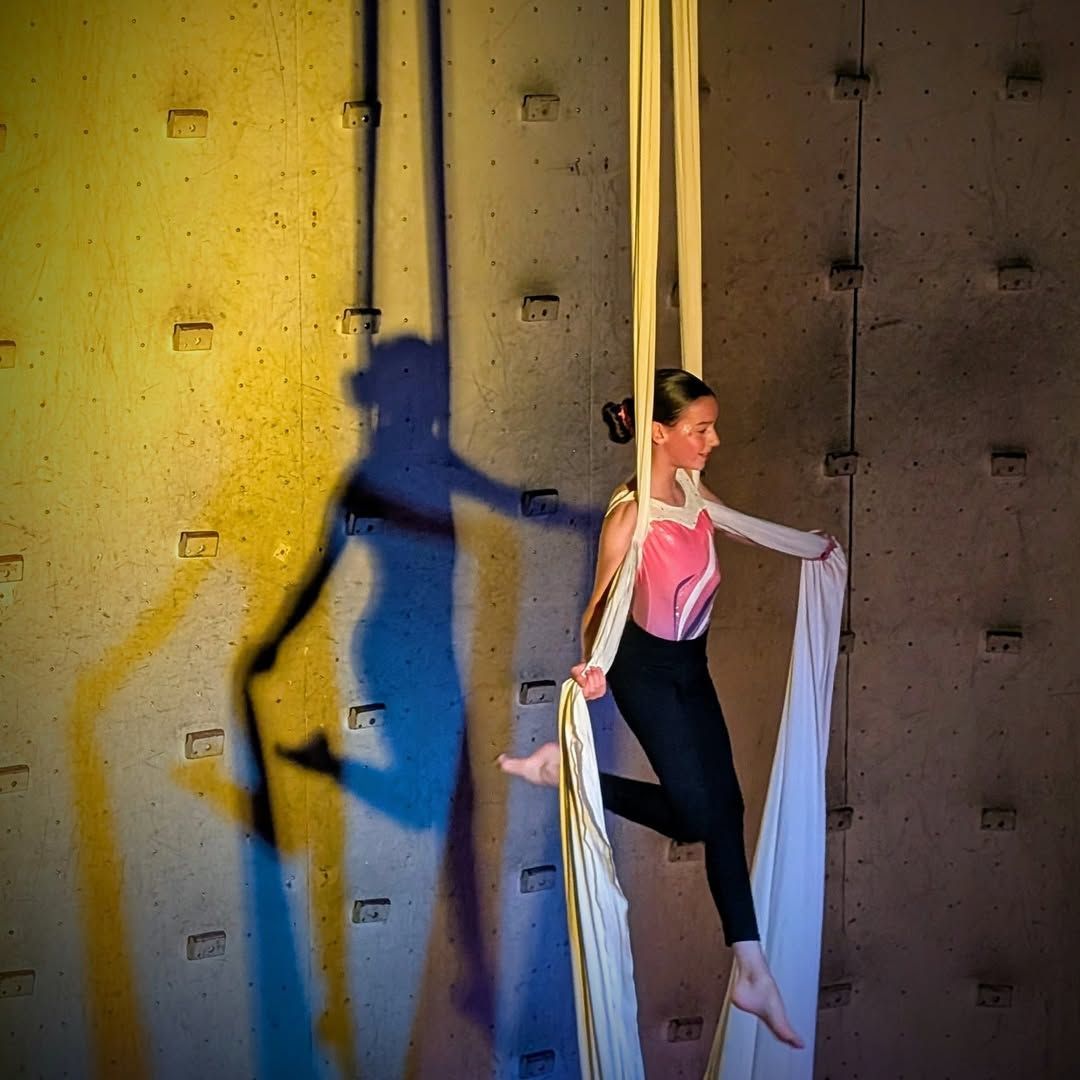 Femme sur tissu aérien, ombre sur le mur. Elle est vêtue de rose et de noir, tient le tissu, jambes étendues.