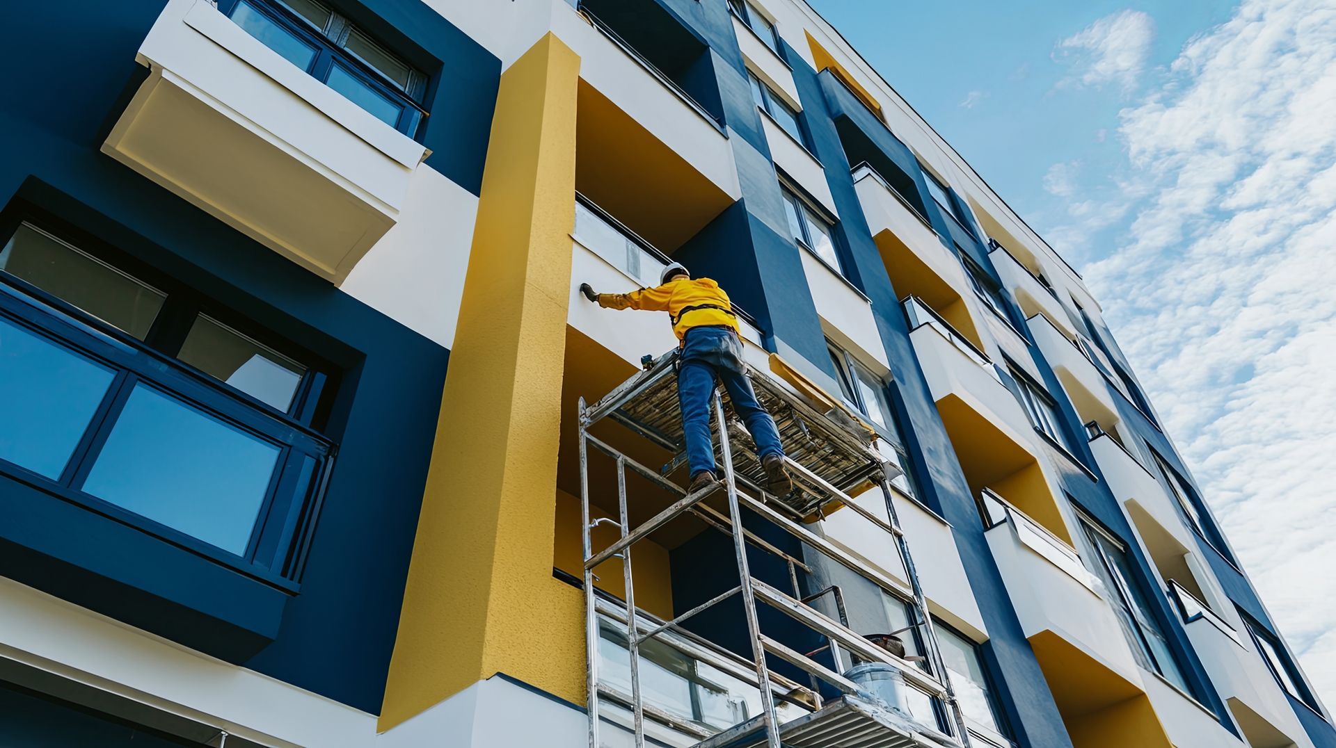 Ein Mann hält eine Farbpalette vor einer Leiter.