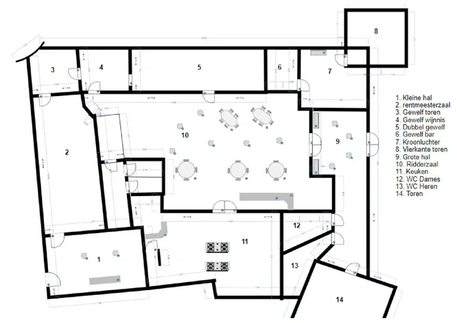 A black and white floor plan of a building with tables and chairs.