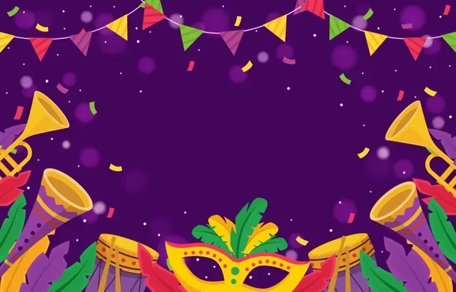 A carnival background with a mask , trumpets , feathers and confetti.