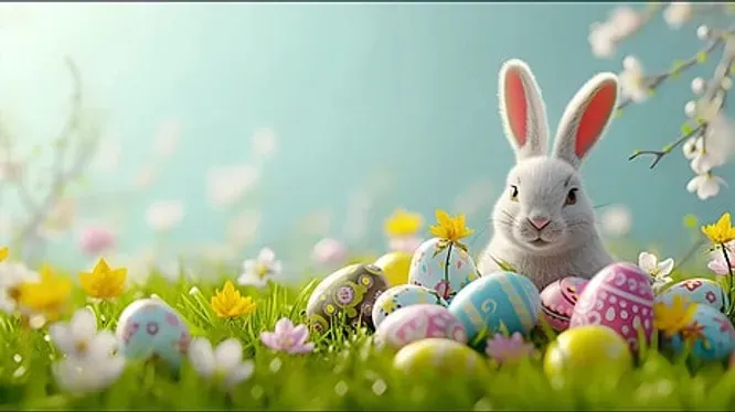 An easter bunny is sitting in the grass surrounded by easter eggs.