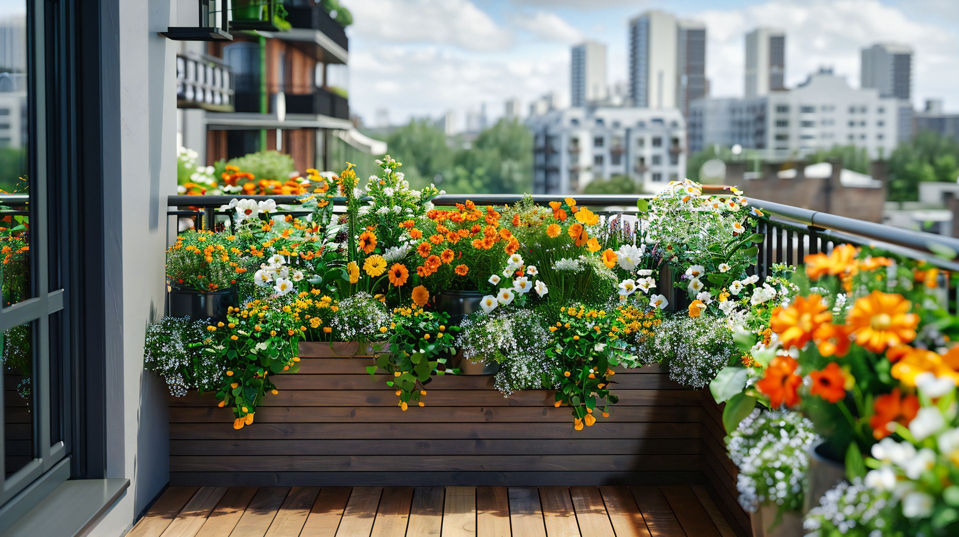 Un balcon avec des jardinières de fleurs