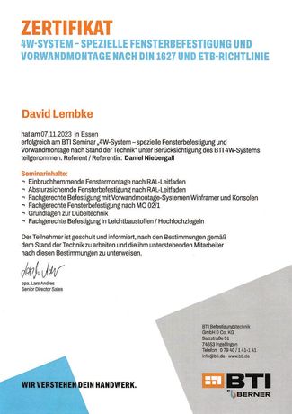 Zertifikat David Lembke - 4W-System - Spezielle Fensterbefestigung und Vorwandmontage nach DIN 1627 und ETB-Richtlinie