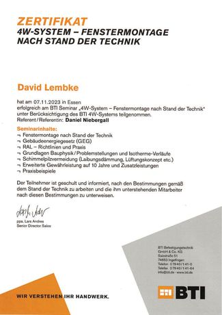 Zertifikat David Lembke - 4W-System - Fenstermontage nach Stand der Technik
