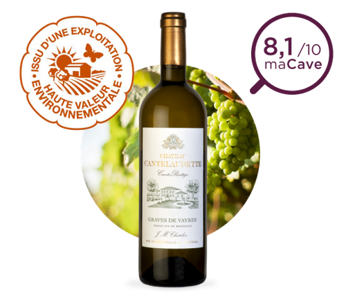 Photo bouteille de vin blanc AOP Graves-deVayres châteu Cantelaudette - Issu d'une exploitation haute valeur envronnementale - Note de 8,1 sur 10 par maCave.