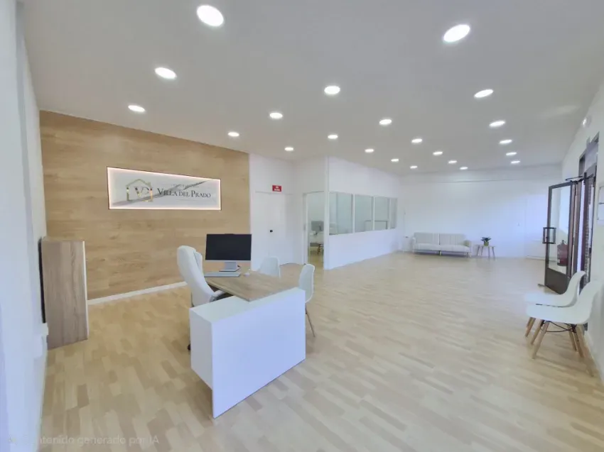 Vestíbulo moderno y luminoso con mostrador de recepción blanco, pared decorativa de madera, luces empotradas y zona de asientos