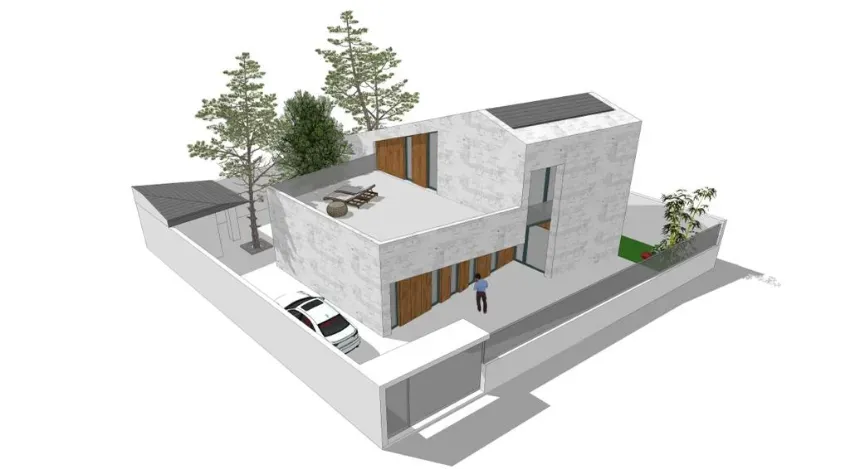 Moderna maqueta 3D de una casa blanca con terraza en la azotea, árboles y un muro perimetral sobre un fondo liso