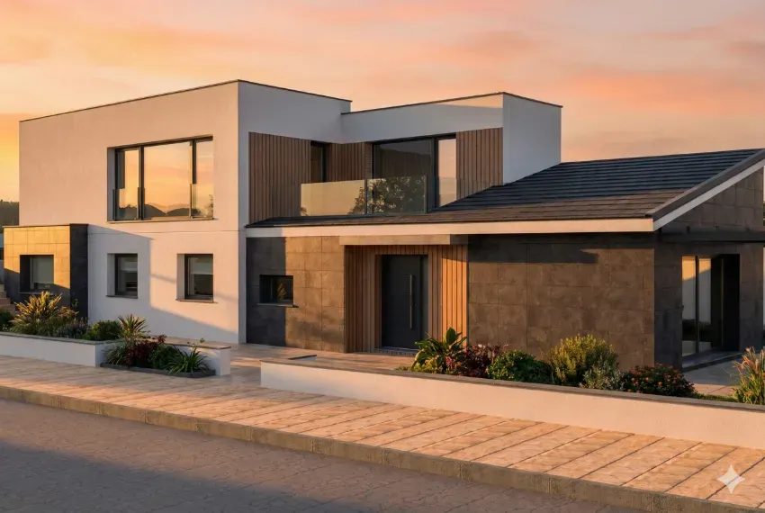Casa moderna de dos plantas, con grandes ventanales y paneles solares al atardecer
