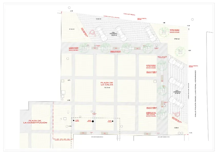 Plano del sitio anotado, con cuadrícula y etiquetas rojas sobre un fondo claro