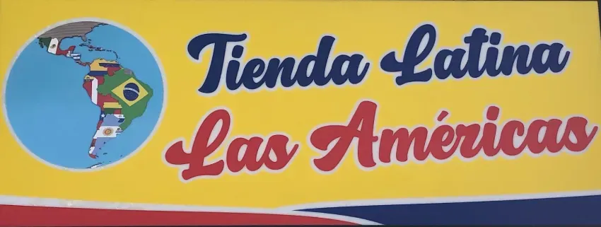 Logotipo de Tienda Latina Las Américas, con letras azules y rojas sobre un fondo amarillo y un globo terráqueo al lado.