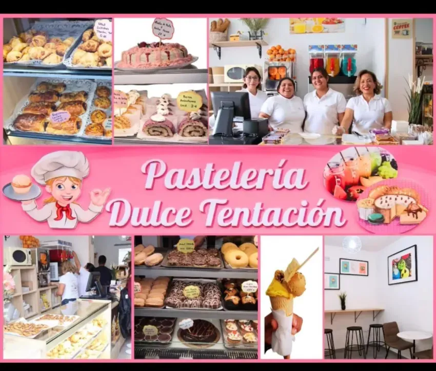 Collage de la pastelería Dulce Tentación con pasteles, vitrinas y personal en una panadería rosa