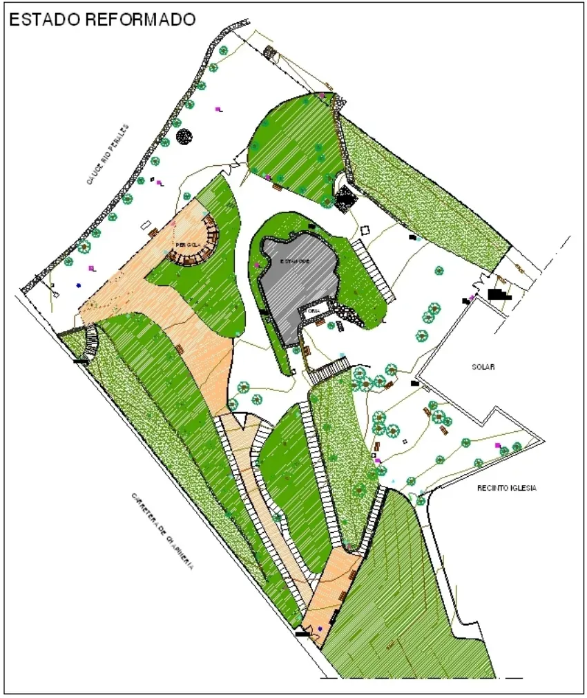 Plano paisajístico rotulado «Estado Reformado», con zonas y caminos delimitados en verde, tostado y gris