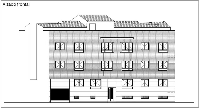 Alzado arquitectónico en blanco y negro de un edificio de apartamentos de tres plantas, con ventanas y puertas