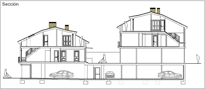 Dibujo de sección arquitectónica de dos casas con garaje, coche y contornos a nivel de calle
