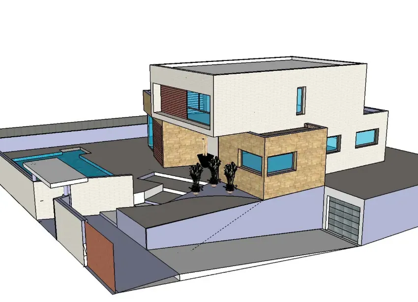 Casa moderna con piscina, patio cercado y tres personas de pie cerca de la entrada.