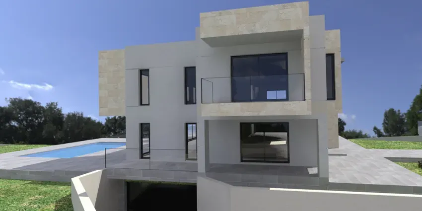 Casa moderna de hormigón blanco con grandes ventanales junto a una piscina bajo un cielo azul