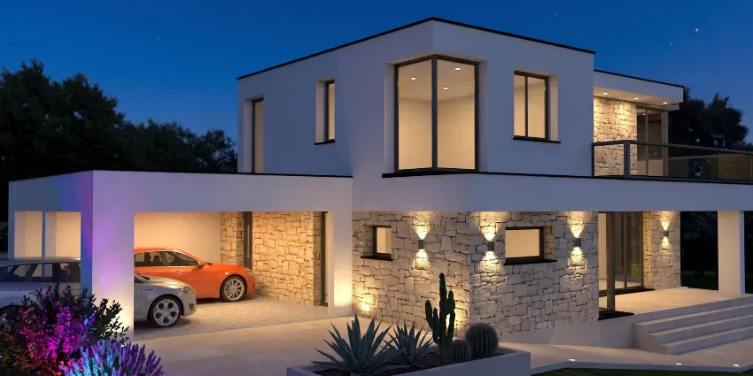Casa moderna de dos plantas al anochecer, con luces cálidas en el interior, fachada de piedra, cochera y un coche aparcado dentro