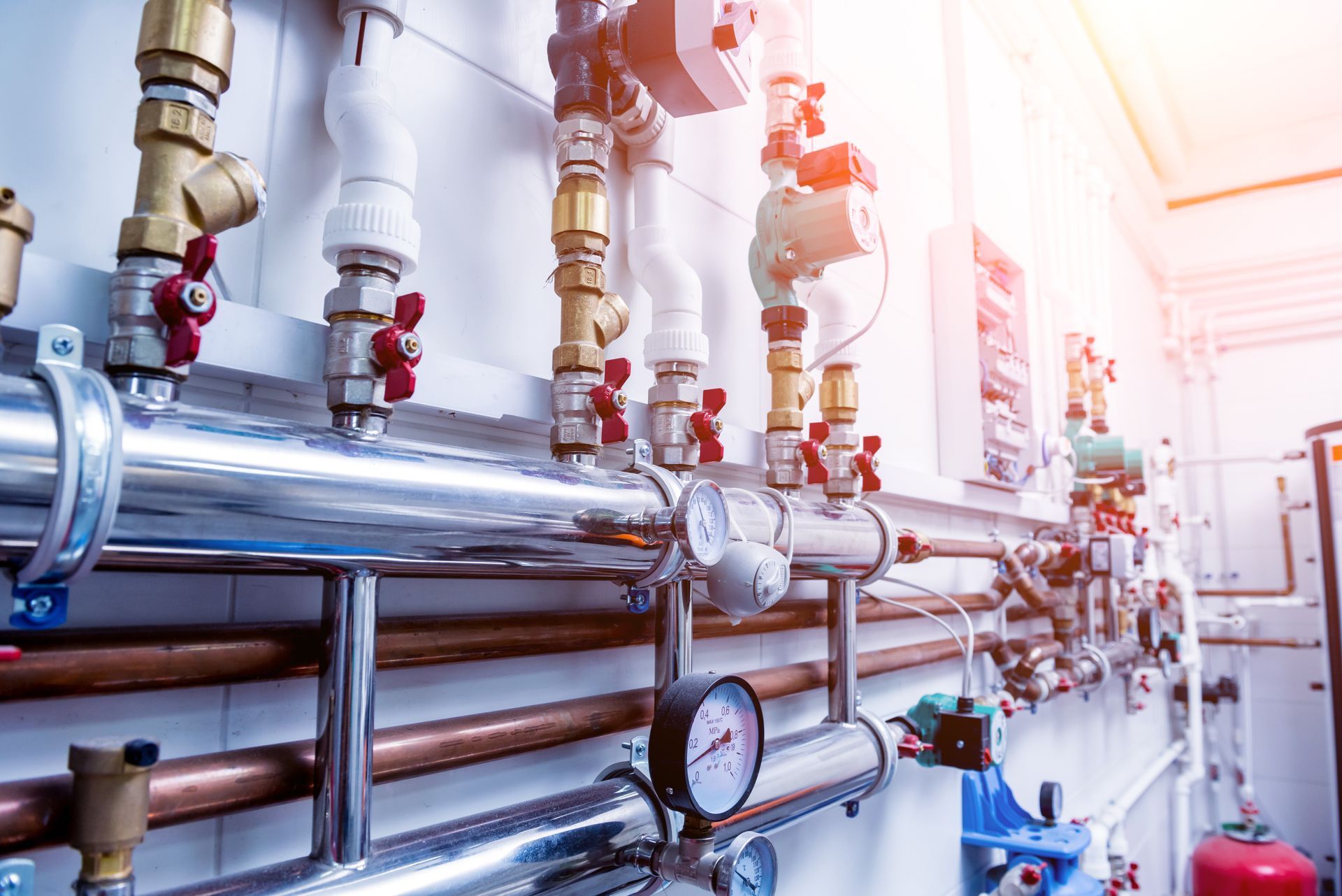Une pièce remplie de nombreux tuyaux et vannes.