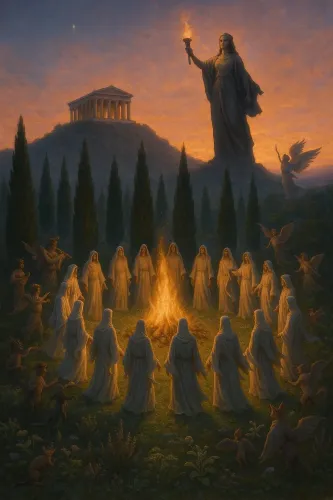 Estatua de Hécate al atardecer, iluminada por figuras resplandecientes cerca de un templo de estilo griego.