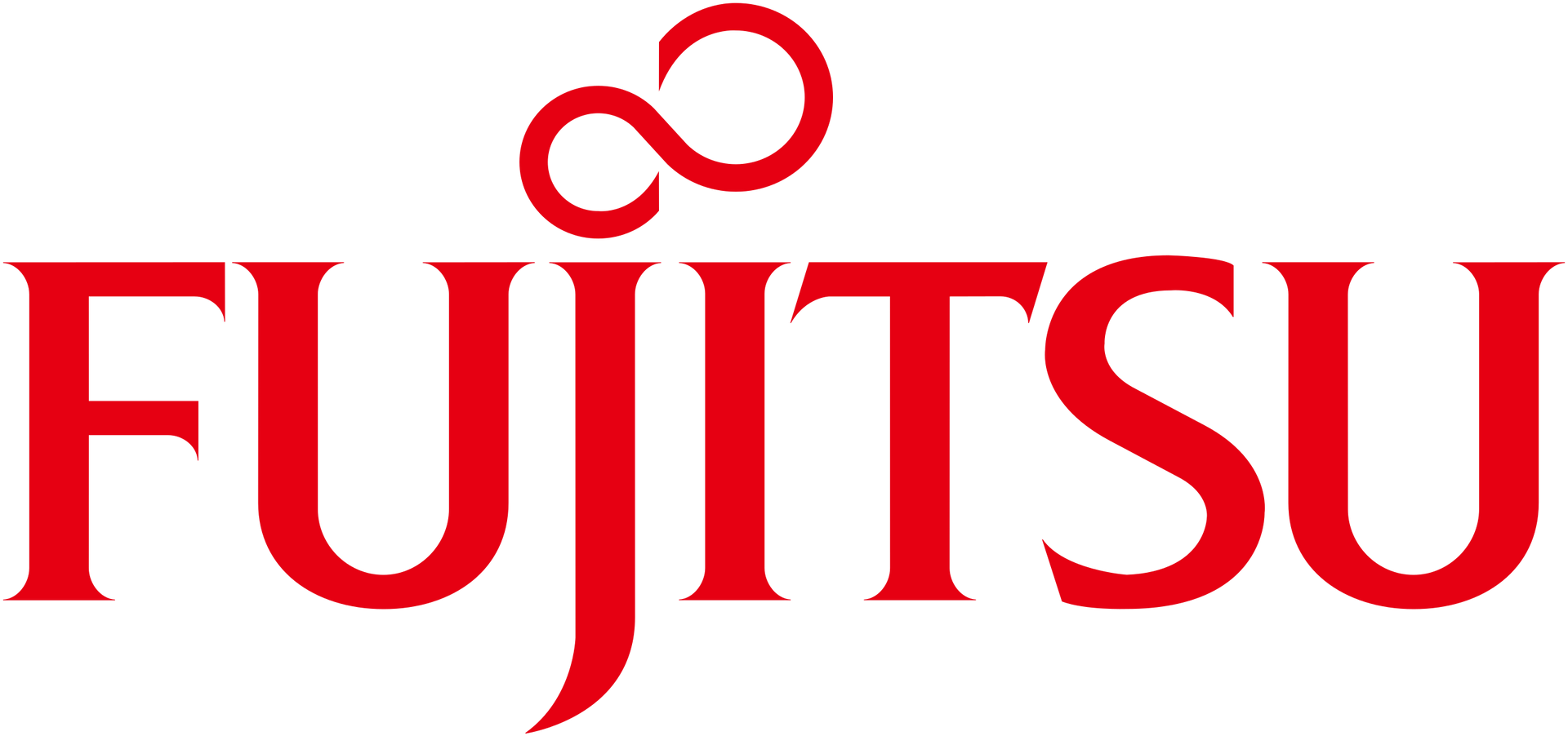 El logotipo de Fujitsu es rojo y blanco sobre un fondo blanco.