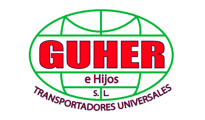 Logotipo con contorno de globo verde, texto rojo "GUHER" y texto más pequeño "e Hijos SL TRANSPORTADORES UNIVERSALES" sobre fondo blanco.