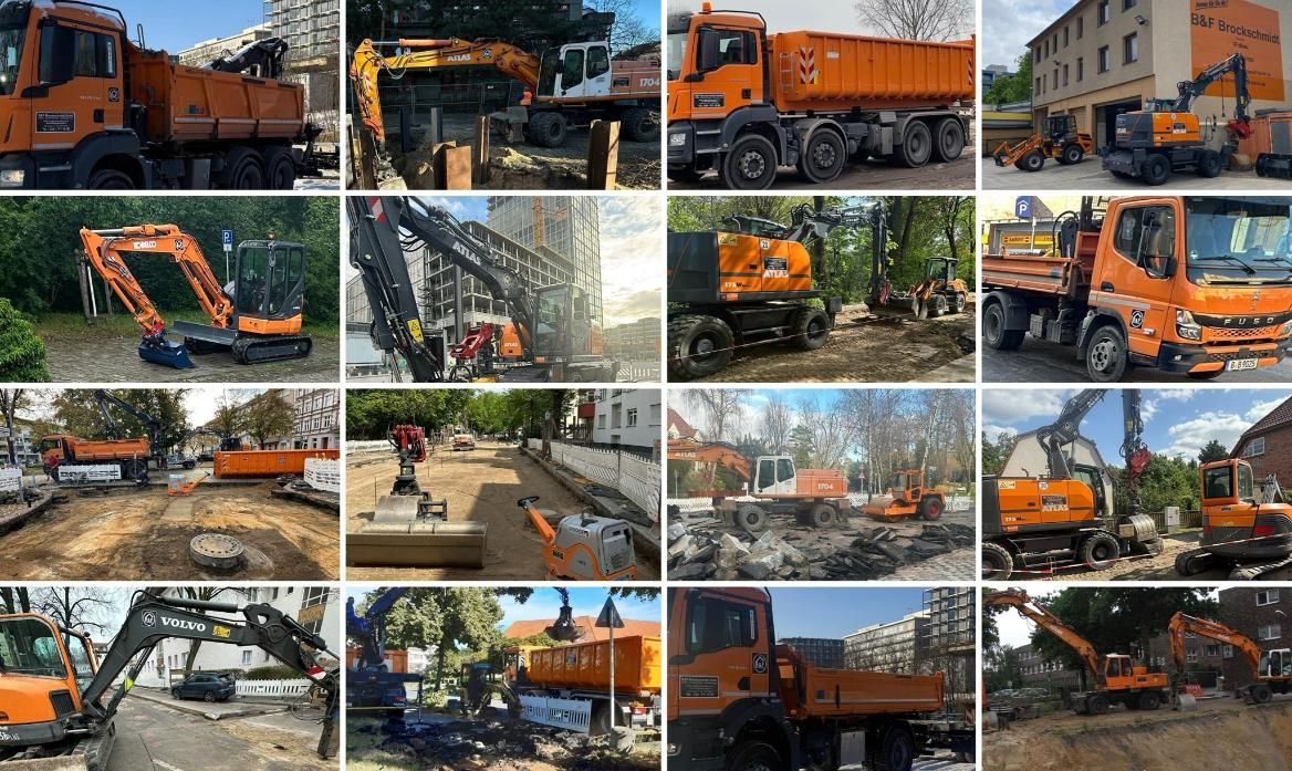 Ein ausgehobenes Gartenbeet neben einem Gebäude. Erde, Metallrohre und eine kleine Betonfläche sind zu sehen. 