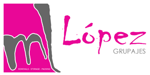 Logotipo: Texto rosa "López" con una "M" estilizada en un cuadrado rosa y gotas grises. El texto dice "Mudanzas, Almacenamiento, Embalaje" y "Grupajes".