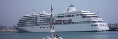 Gran crucero blanco en un puerto, con un pequeño barco en primer plano.