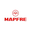 Logotipo de la compañía de seguros MAPFRE: texto rojo y símbolo de paraguas sobre fondo blanco.
