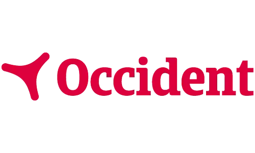 Logotipo de Occidente en texto rojo, con una forma estilizada roja a la izquierda de la palabra.