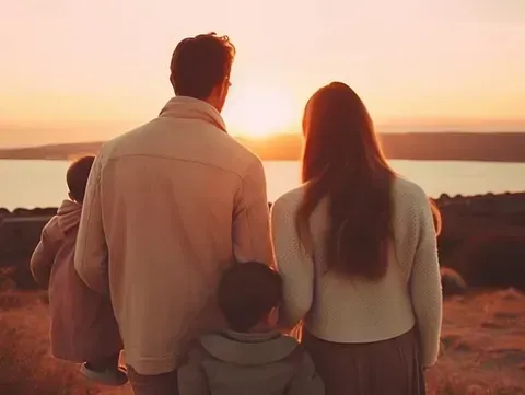 Una familia de cuatro contempla la puesta de sol sobre un cuerpo de agua. Dos niños con sus padres, cuya silueta se recorta contra la cálida luz.