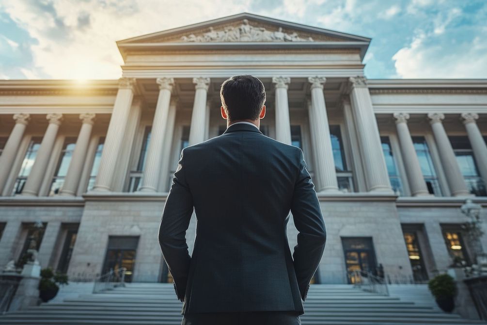 Un avocat devant un palais de justice