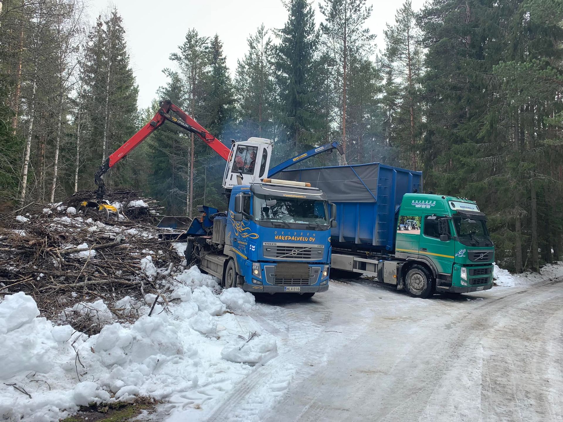 Kaksi kuorma-autoa lastataan puilla.