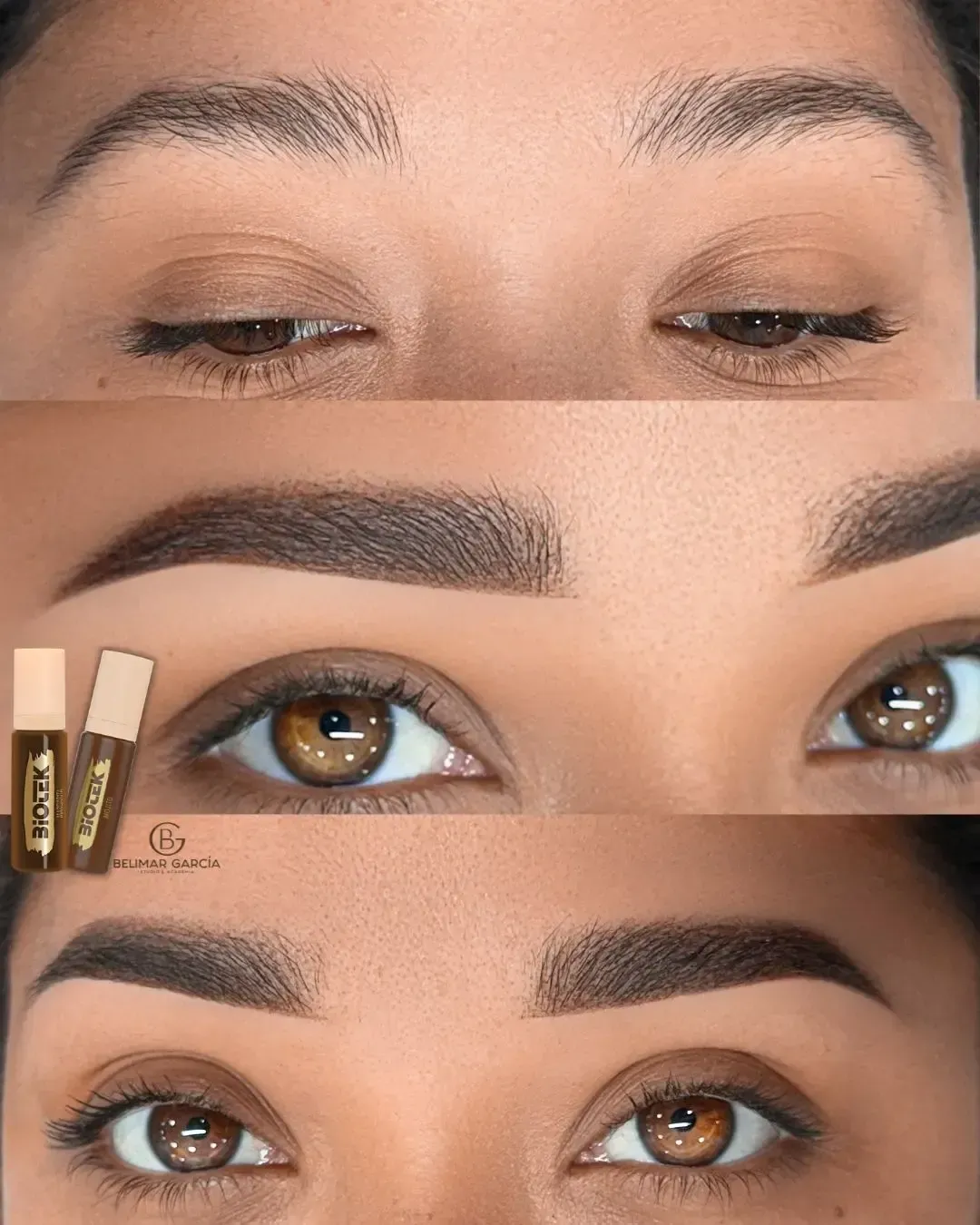 Collage de antes y después del maquillaje de cejas que muestra cejas definidas y rellenas, y looks de ojos marrones.