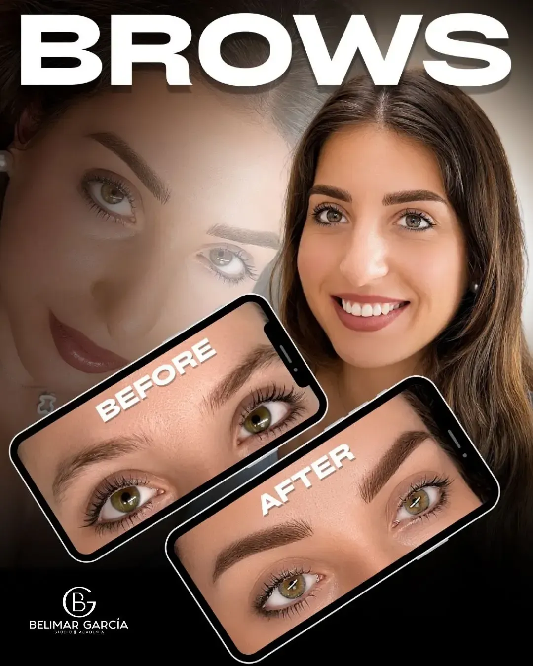 Anuncio de laminación de cejas que muestra primeros planos de cejas antes y después y una modelo sonriente sobre un fondo oscuro.