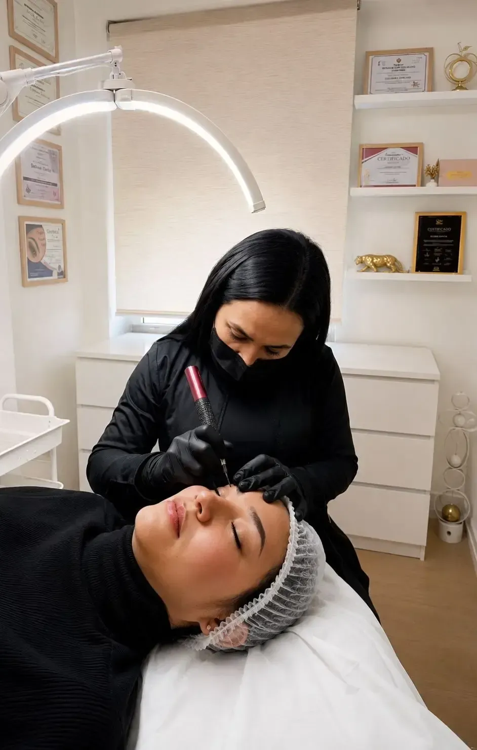 Esteticista aplicando un tratamiento en el rostro de una clienta en una cabina de spa bajo una luz anular.