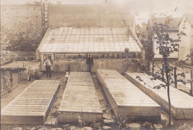 Ein Schwarzweißfoto von Menschen vor einem Gewächshaus