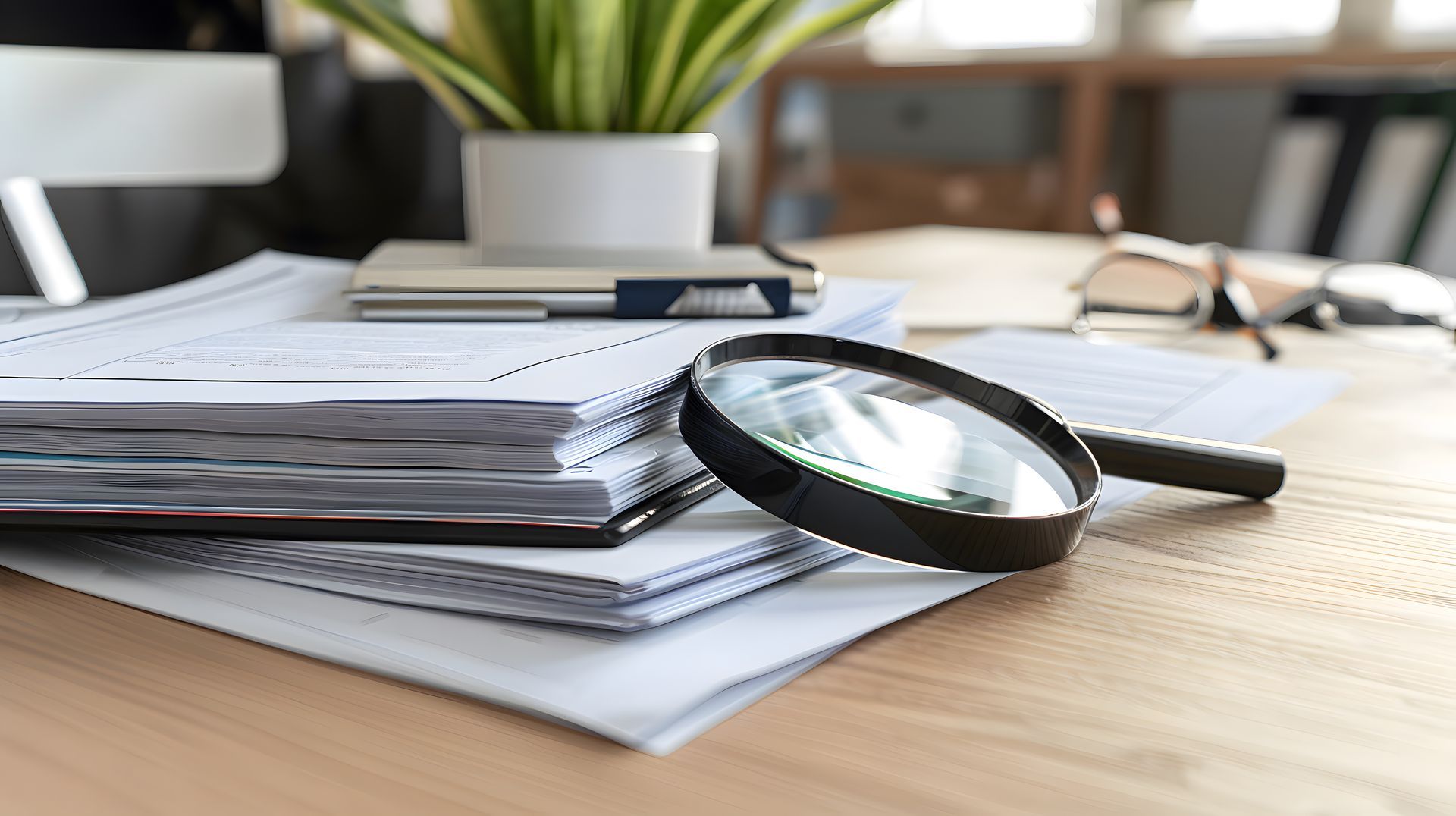 Pile de documents avec une loupe posée dessus et une plante verte derrière