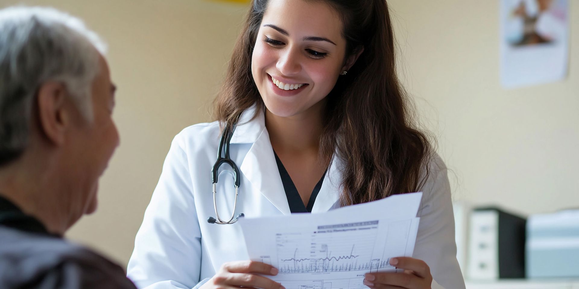 Une femme médecin souriante examine des documents avec un patient plus âgé dans un cabinet médical.
