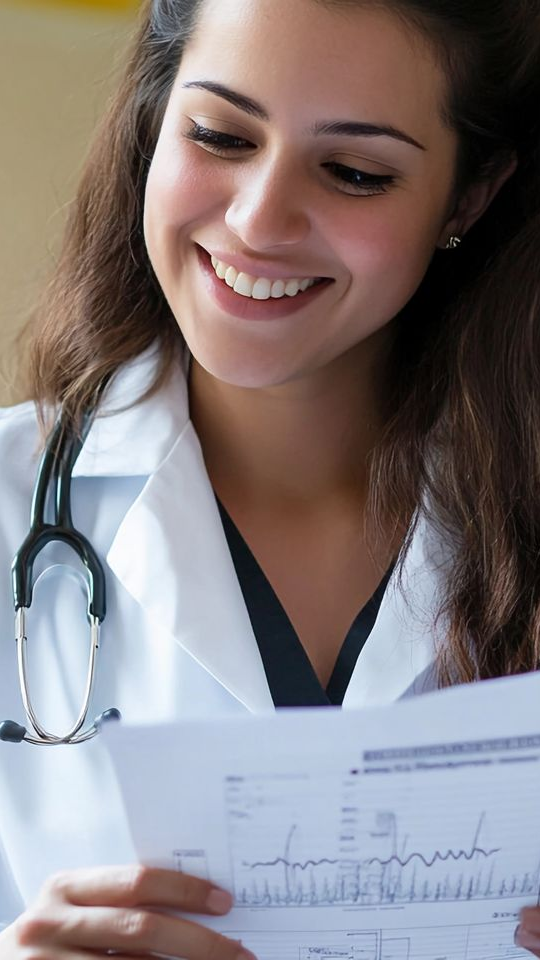 Jeune femme médecin souriant tout en examinant des documents médicaux.