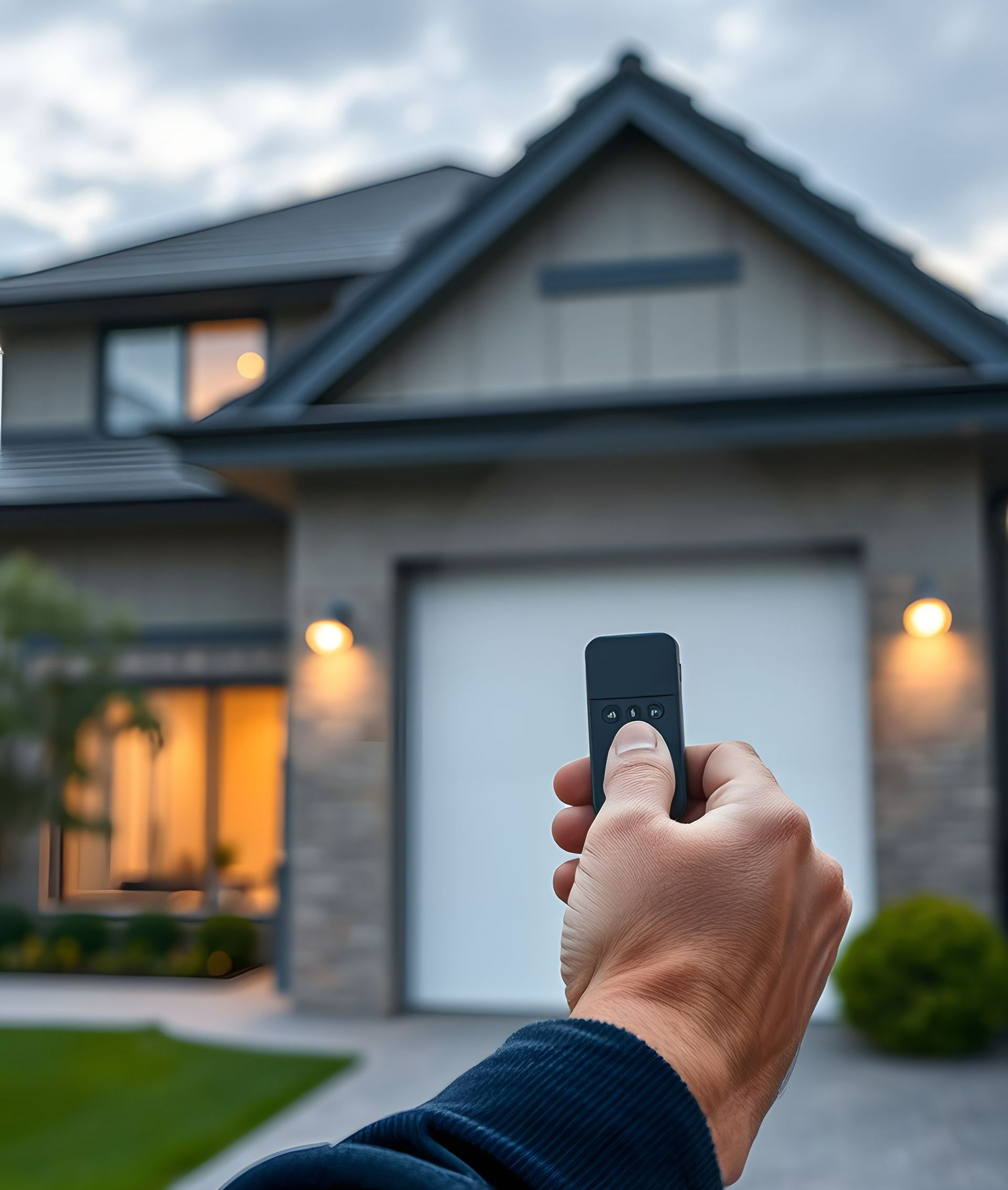 Une maison avec une porte de garage télécommandée